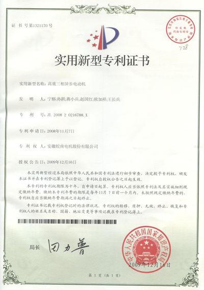 高效三相異步電（diàn）機專利證（zhèng）書