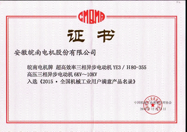 2015全國用戶滿意產品（YE3高效（xiào）電機和高壓電（diàn）機）